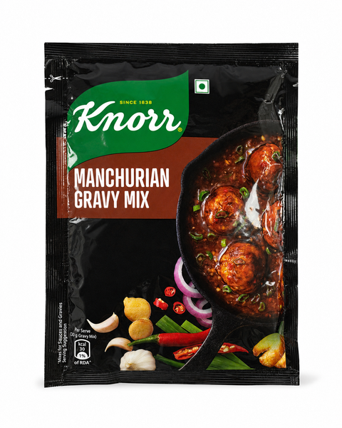 Knorr Manchurian Gravy Mix 50g black sachet showing Manchurian balls in gravy