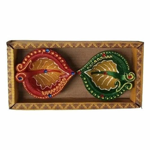Set of 2 decorative terracotta clay diyas in a gift box