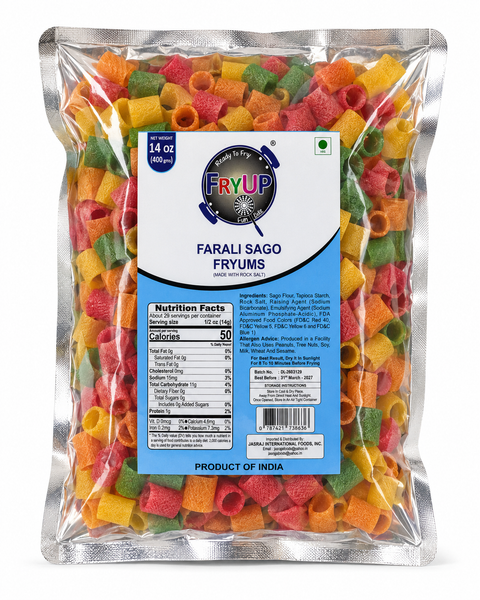 FryUp Farali Sago Fryums 400g pack of multi-coloured ready-to-fry sago pipes
