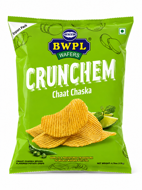 BWPL Crunchem Chaat Chaska 135g green export pack of chaat-spiced ridge-cut potato chips