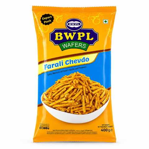 BWPL Farali Chevdo 400g orange export pack with bowl of potato stick and peanut mixture