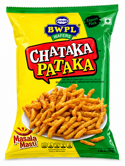 BWPL Chataka Pataka Masala Masti 50g yellow and green pack of spicy rice and corn sticks