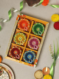 Set of 6 flower-design painted clay diyas in a festive gift box