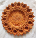 Ornate carved terracotta diya plate oil lamp, 7 inch