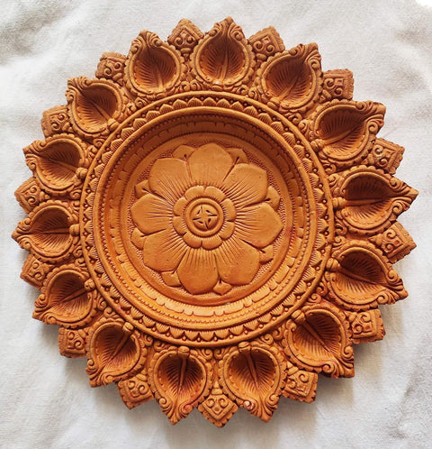 Ornate carved terracotta diya plate oil lamp, 7 inch