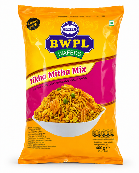 BWPL Tikha Mitha Mix 400g pink and yellow pack with bowl of sweet and spicy namkeen