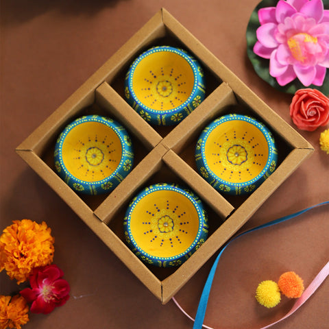 Set of 4 hand-painted terracotta diya oil lamps in a gift box