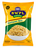 BWPL Ratlami Sev 400g yellow export pack with bowl of spicy gram flour sev