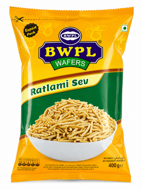 BWPL Ratlami Sev 400g yellow export pack with bowl of spicy gram flour sev
