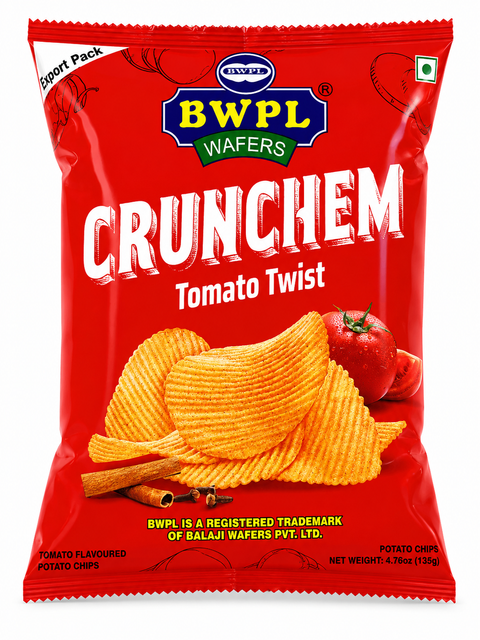 BWPL Crunchem Tomato Twist 135g red export pack of tomato flavoured ridge-cut potato chips