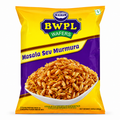 BWPL Masala Sev Murmura 250g yellow and purple pack with bowl of spiced puffed rice and sev