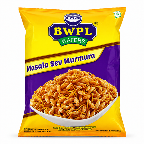 BWPL Masala Sev Murmura 250g yellow and purple pack with bowl of spiced puffed rice and sev