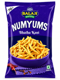 Balaji Numyums Bhatha Kani purple pack with bowl of thick spicy besan namkeen