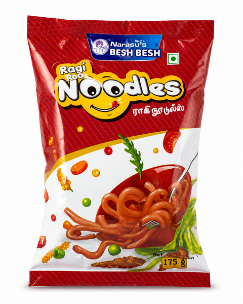 Narasu's Besh Besh Ragi Noodles 175g red pack with bowl of finger millet noodles