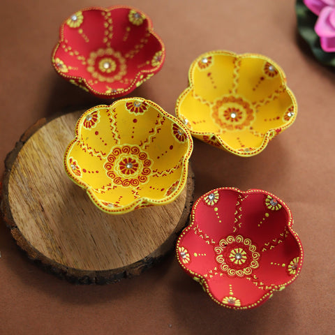 Set of 4 flower-shaped hand-painted terracotta diya oil lamps
