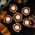 Decorative peepal-leaf terracotta clay diya oil lamps set for Diwali